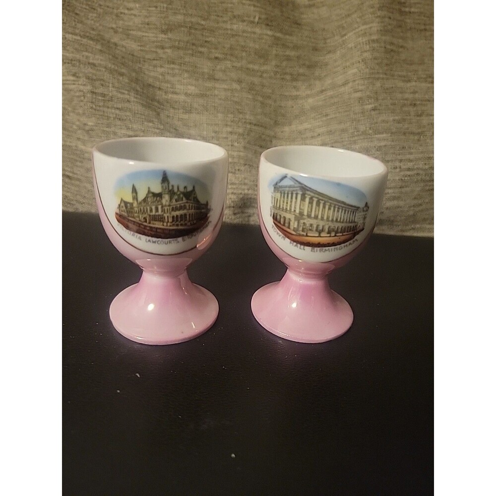 Set - 2 Vtg Pink Lusterware Birmingham England Souvenir Egg Cups Town Hall Court